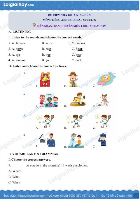 Đề thi giữa kì 2 Tiếng Anh 4 Global Success - Đề số 5